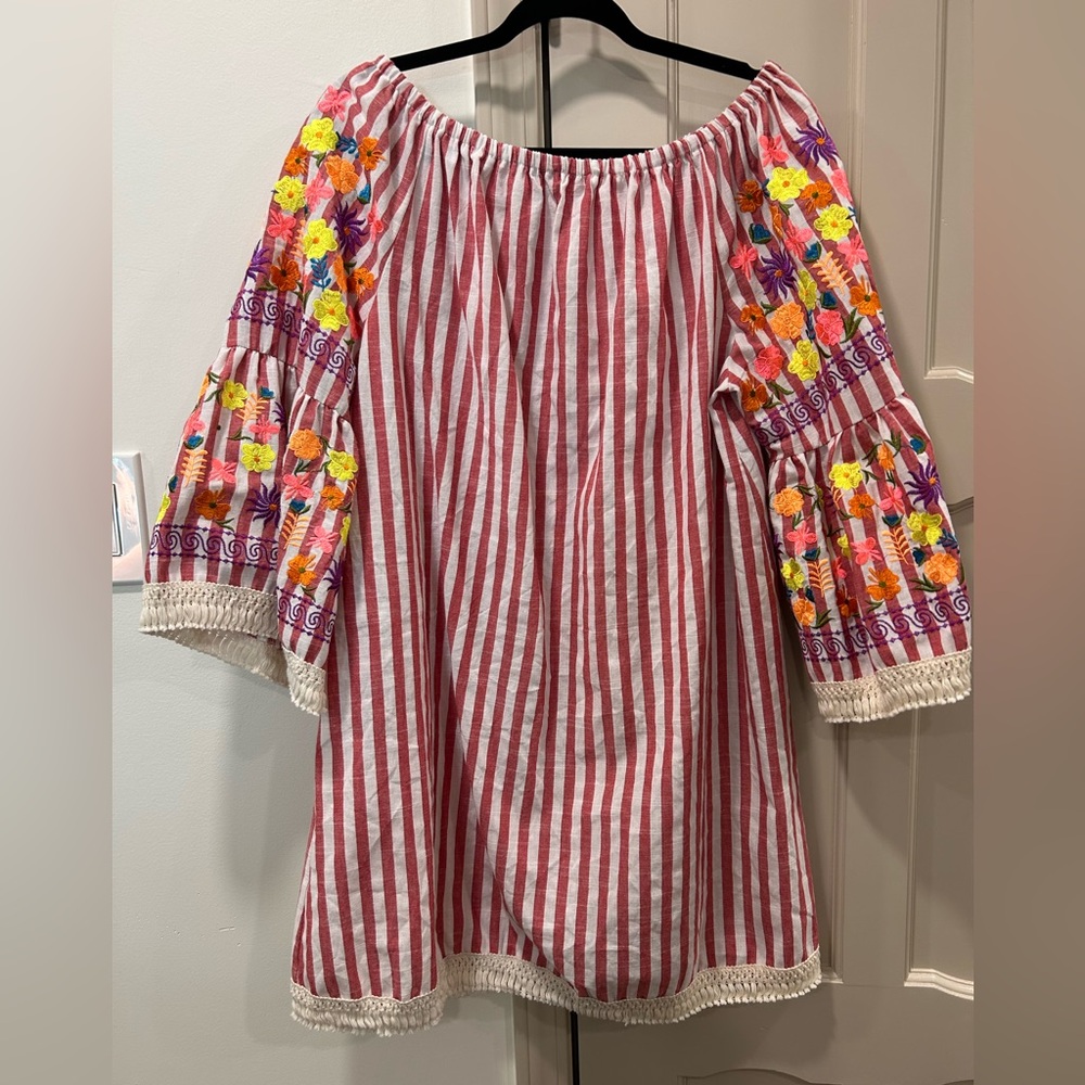 Velzera Red and White Striped Mini Dress with Floral Sleeves